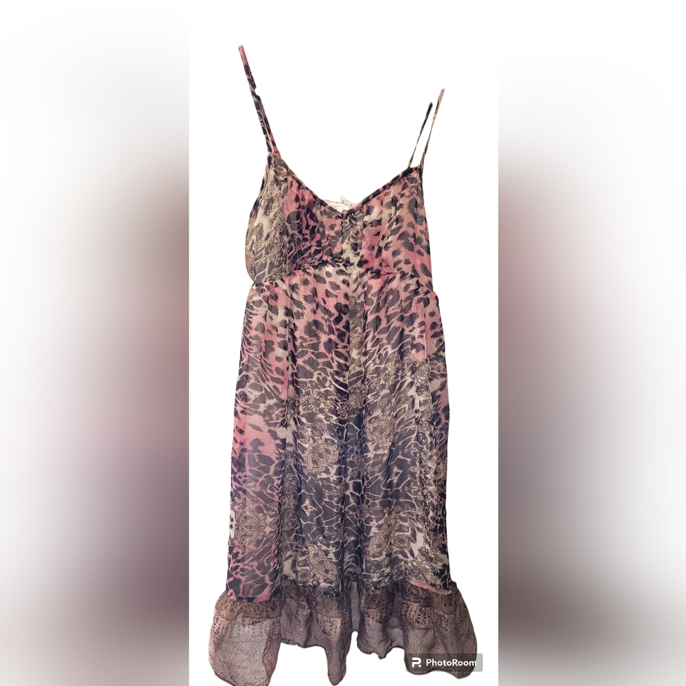 Mystree Pink/Beige/Black Leopard Print Spaghetti Strap Dress, Size Large